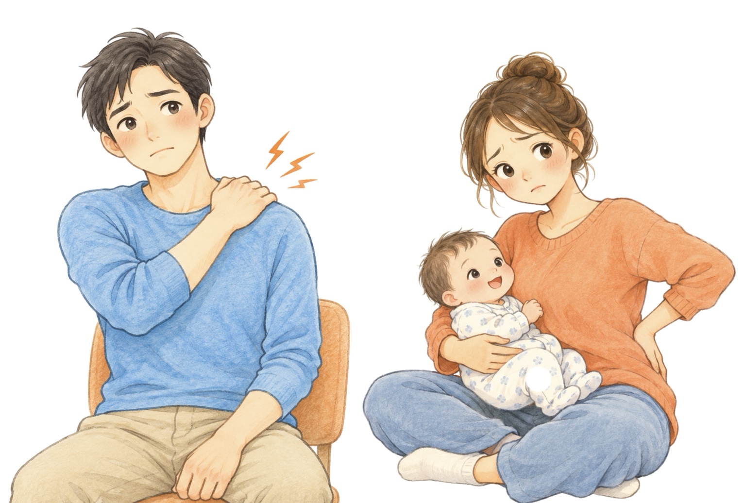 肩こりに悩む男性と、赤ちゃんを抱く産後の女性のイラスト