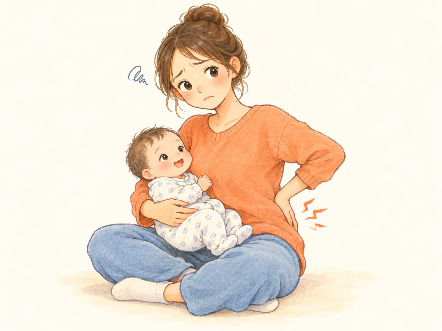産後の腰痛のお悩みを描いたイラスト